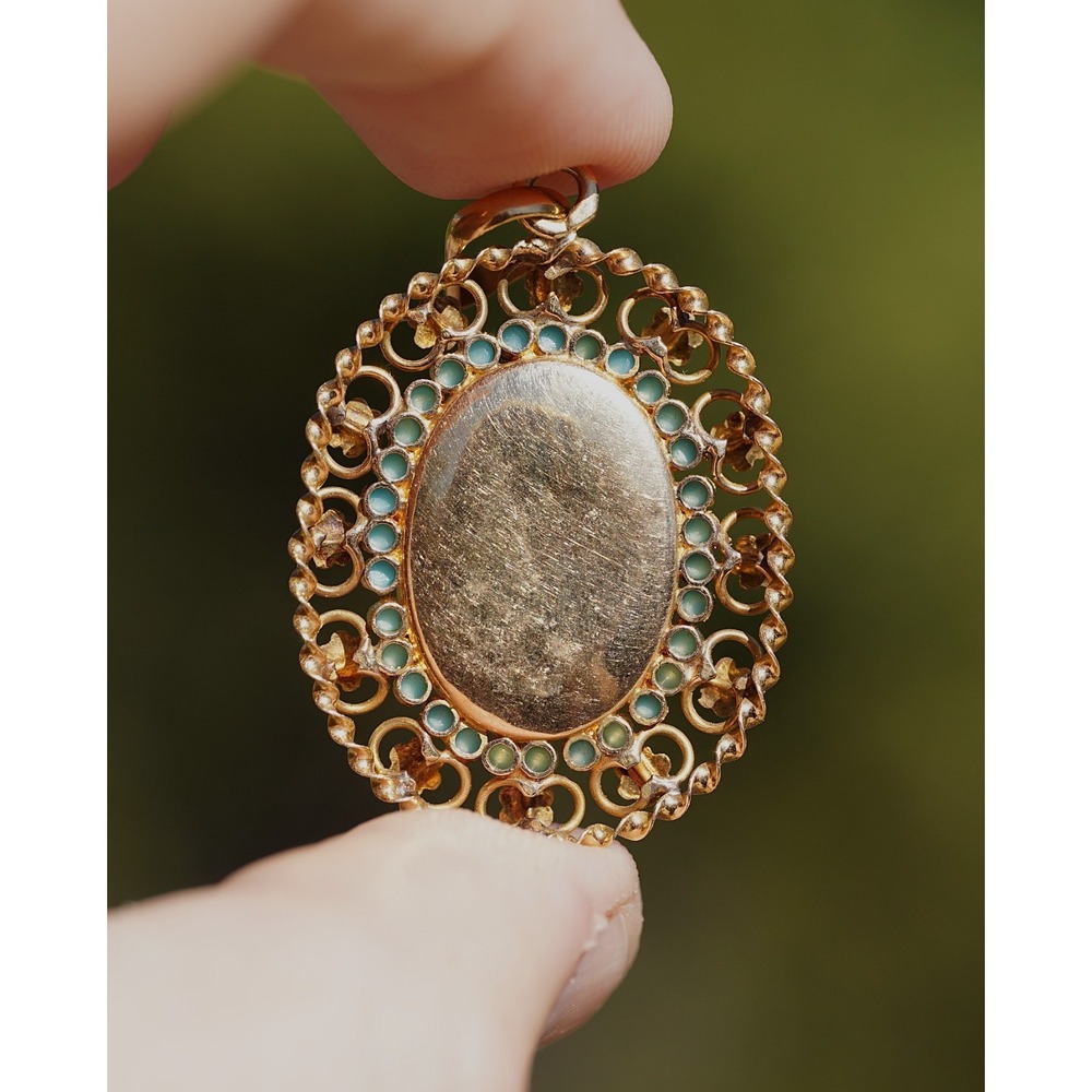 Antique‎ 20k Solid Yellow Gold Filigree Enamel Cameo Turqiouse Pendant Portugal - Picture 7 of 11